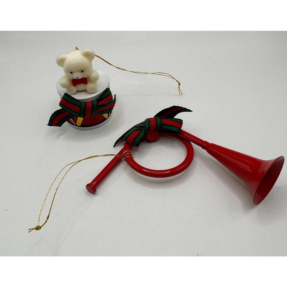 Vintage Flocked Teddy Bear Christmas Ornaments, Drum & Horn,‎ Enesco